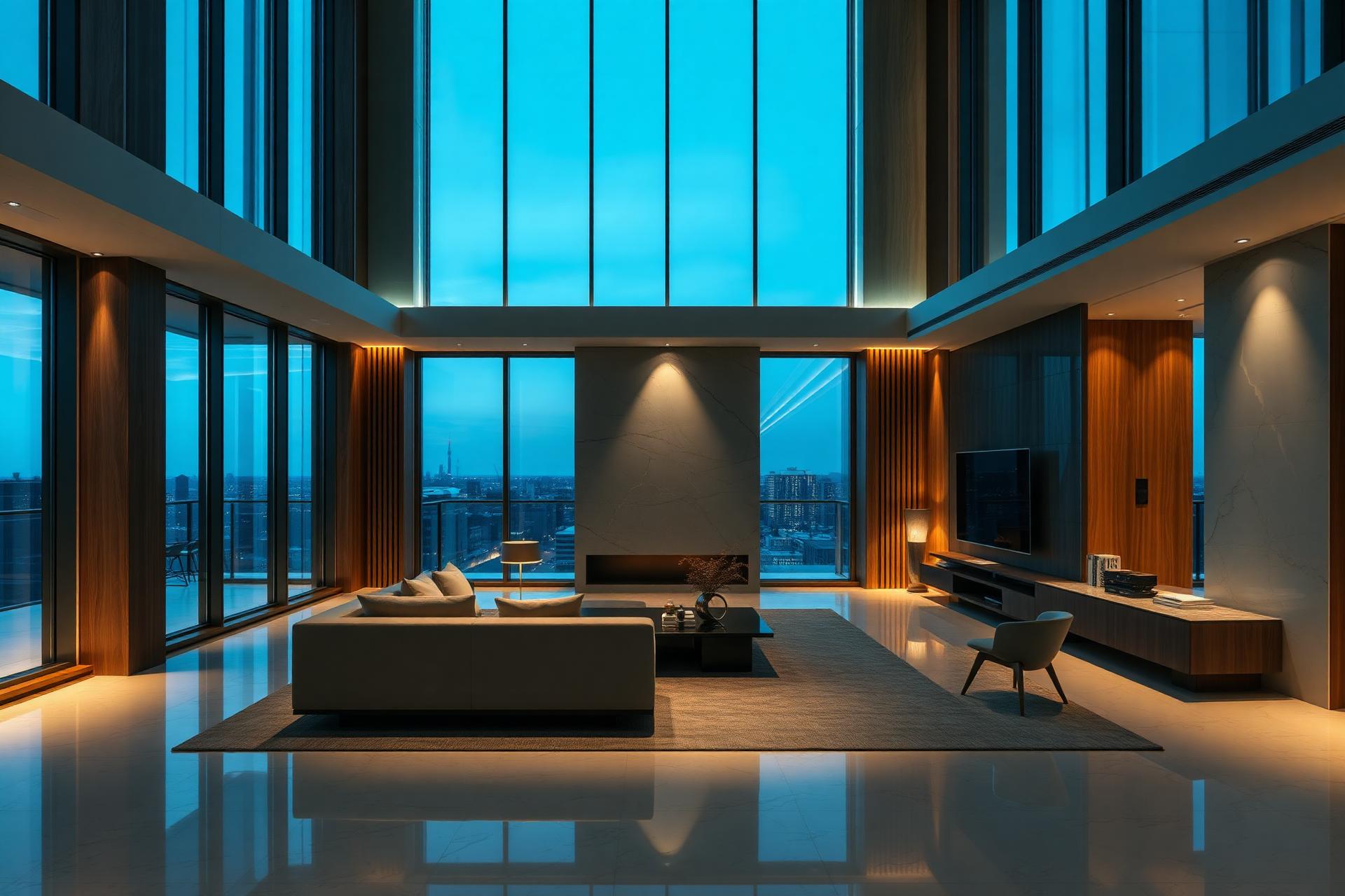 Cinematic modern penthouse at blue hour